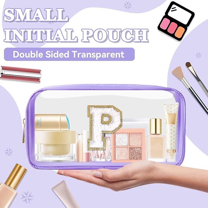 Small Clear Personalized Initial Makeup Bag,Preppy Nylon A-Z Chenille Letter Patch Makeup Organizer TSA Approved Travel Toiletry Bag,Waterproof Zip Beach Cosmetic Pouch Purse for Women(Purple-White P)