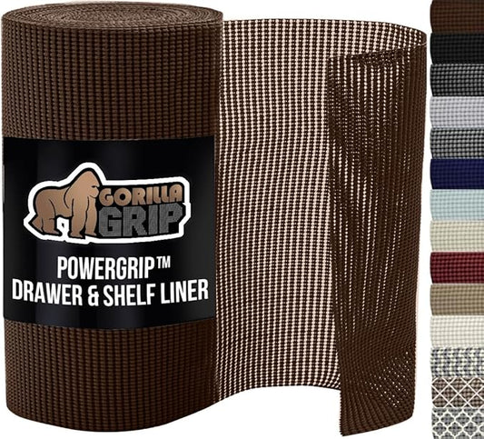 GORILLA GRIP powerGRIP Drawer Shelf and Cabinet Liner, Thick Strong Hold, Non-Adhesive Liners Protect Kitchen Cabinets and Cupboard, Bathroom Drawers, Easy Install, Breathable Mat, 20" x20', Chocolate