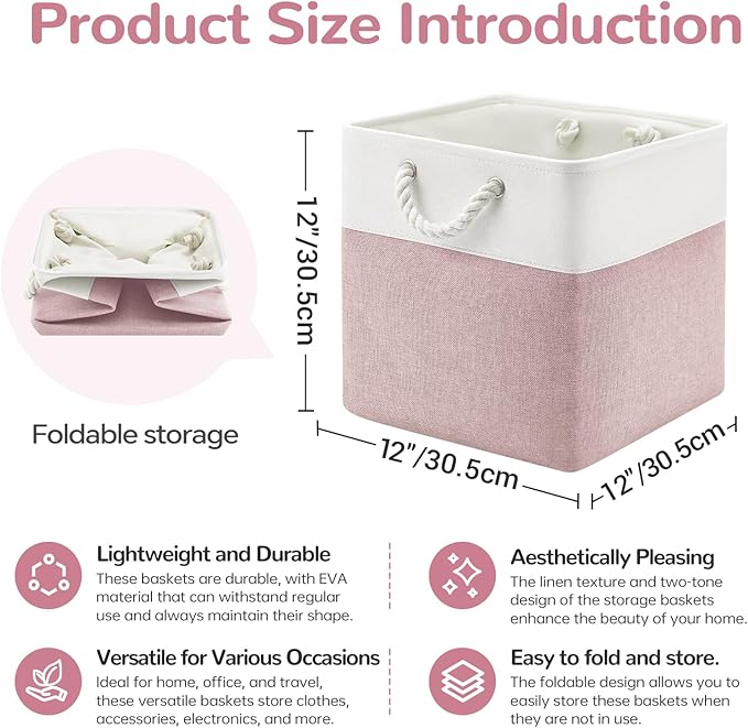 VQRTEXA 12 x 12 Inch Cube Storage Bins, 4 Pack Fabric Storage Basket with Handles, Foldable Boxes Organizer for Shelf Baskets for Home, Clothes (White/Pink)