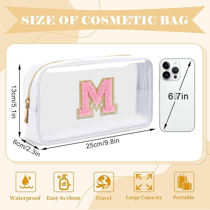 Personalized Initial Letter Clear Makeup Bag, Preppy Small Nylon & PVC Cosmetic Zipper Bag with Chenille Letter, Travel Skincare Toiletry Bag, Monogram Christmas Gift for Teen Girls Women, M