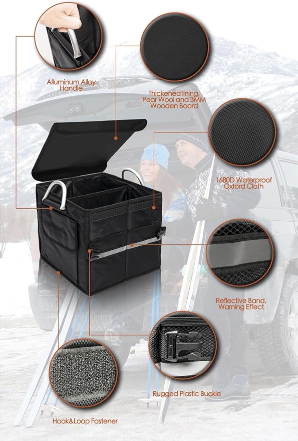 Tongketec Trunk Organizer With Lid,Small,Black 28L,For SUV Car Truck,Collapsible Waterproof Oxford Fabric,Portable Multipurpose sorting,2-Compartments with Aluminium Alloy Handle