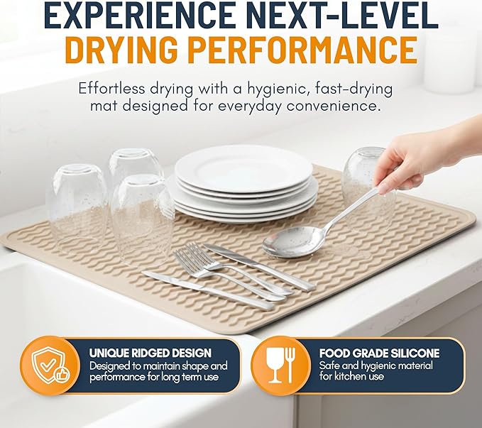 Silicone Dish Drying Mat for Kitchen Counter - Multi-Use 18 x 16 Inch Pad, Non-Slip & Heat-Resistant, Perfect Dish Drainer Mat by Linda’s Essentials, Ideal Kitchen Accessory (Beige)