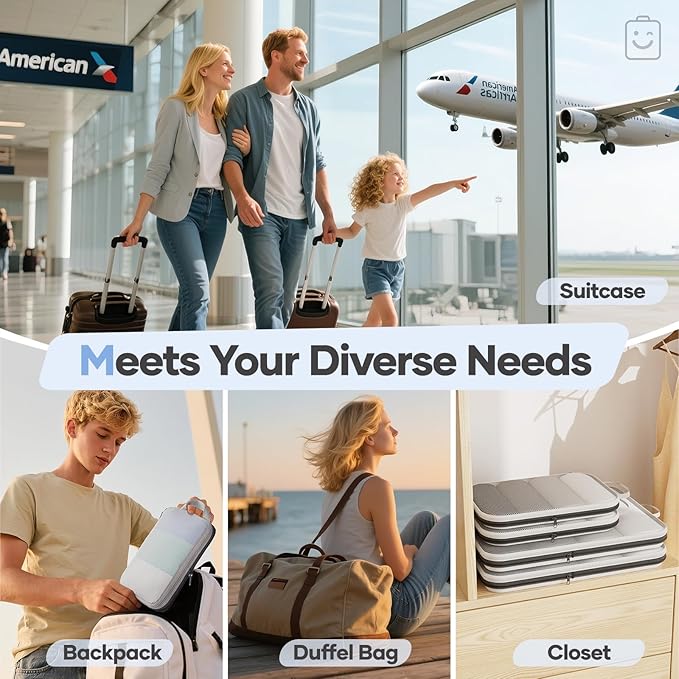 Veken 9/11 Set Compression Packing Cubes for Travel Essentials,Compressible Expandable Large Luggage Suitcase Organizer Bags for Clothing,Durable Space Saver Storage Bags with Toiletry Bags(White)