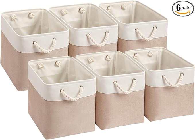 Mangata Canvas Storage Boxes, 11.8 Inch Cube Storage Bins Set of 6 for 12 Inch Cabinets, Fabric Baskets with Cotton Rope Handle for Organizing Clothes Nursery Home (Khaki/White)