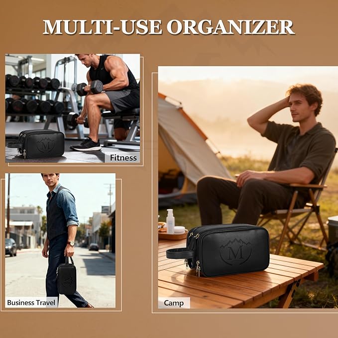 Travel Toiletry Bag for Men,Mens Shaving Bags for Toiletries,Men's Toiletry Travel Bag Leather,Personalized Travel Essentials,Birthday Gifts For Men,Black- M