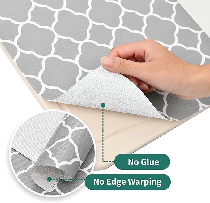 Shelf Liners for Kitchen Cabinets 12in x 20FT Non Adhesive Drawer Liner Gray Quatrefoil Thickened Shelf Liner Paper Strong Non-Slip Easy to Clean for Tool Box Refrigerator with Knife and Tape Measure
