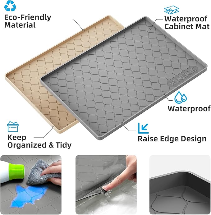 Silicone Under Sink Mat 22" x 19", kitchen Essentials and Gadgets, Shelf liner and Cabinet Protector, Home Organizers and Storage, Waterproof Bathroom Tray