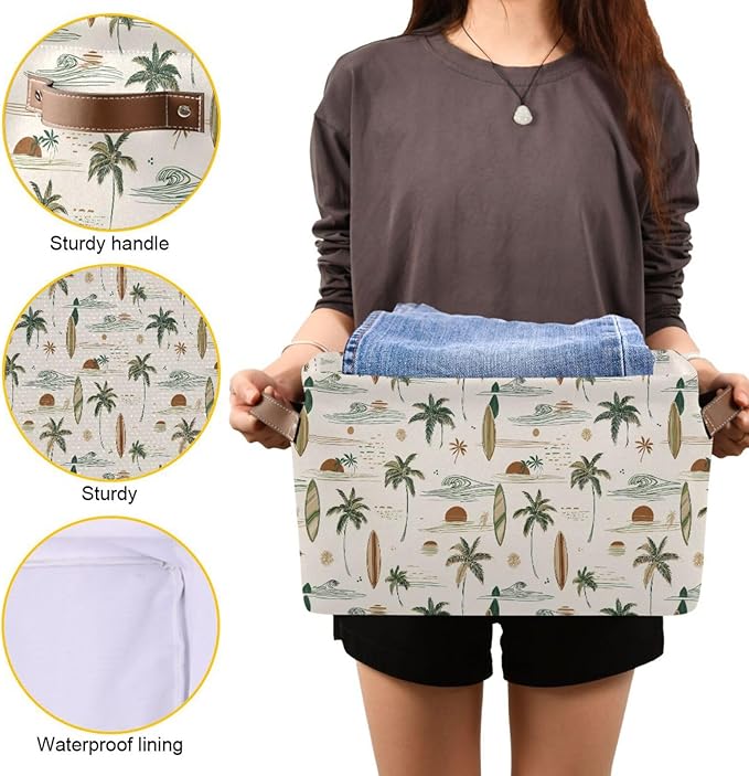 Aslsiy Storage Basket - Hawaii Palm Surf Nursery Bins Brown Baby Box Canvas Clothes Shelf Laundry Hamper Gift Basket for Home Closet - 1 Pcs