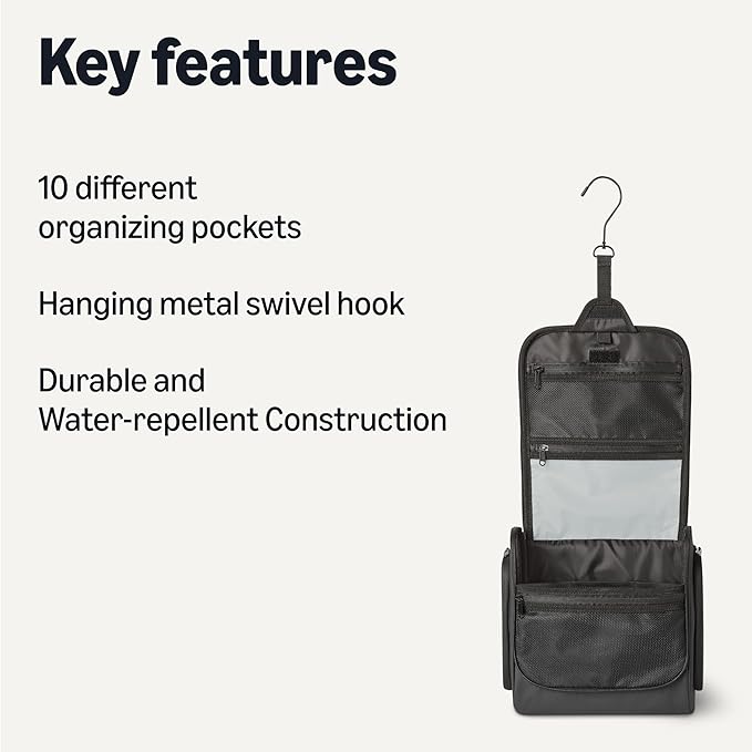 Amazon Essentials Waterproof Travel Toiletry Bag for Men and Women, Hanging Toiletry Bag, Dopp Kit with 2 Side Pockets, Multiple Interior Pockets, Handles Bathroom Spills/Splashes, Black