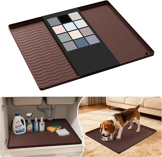 URMONA Waterproof Silicone Under Sink Mat 22'' x 19'' Shelf Liner for Kitchen and Bathroom, Cabinet and Counter Protector, Storage and Organizers, Litter Mat, Pet Cat Puppy Essentials(Brown)