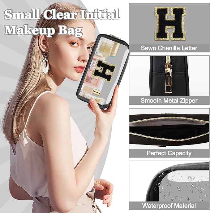 Small Clear Personalized Initial Makeup Bag,Nylon Preppy A-Z Chenille Letter Patch Cosmetic Pouch Beach Toiletry Bag,Waterproof Zipper Travel Purse Storage Bag Organizer for Women Girls(Black-Black H)