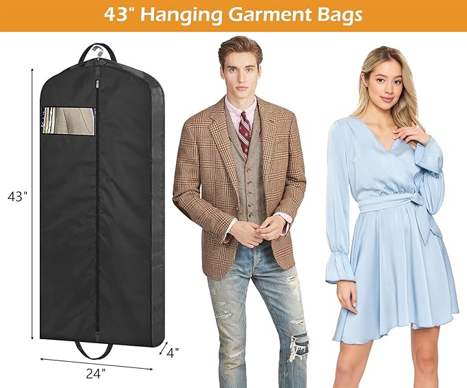 MISSLO 43" Mens Garment Bags for Travel Waterproof Suit Bags for Closet Storage Hanging Clothes Travel Bag for Shirts, Jackets, Coats, Black, 1 Pack
