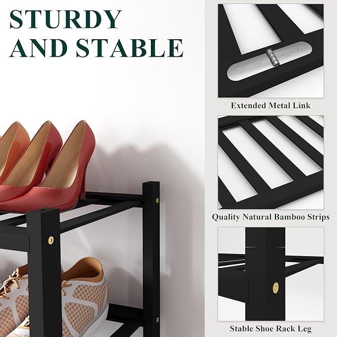 Smiry Bamboo Shoe Rack for Closet, 6 Tier Wooden Stackable Shoe Organizer, Free Standing Shoes Storage Shelf for Entryway, Front Door Entrance, Black