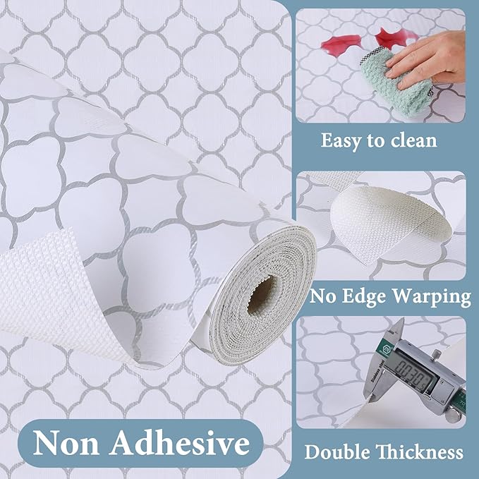 Shelf Liners for Kitchen Cabinets 12in x 20FT Non Adhesive Drawer Liner Silver Quatrefoil Shelf Liner Paper Strong Non-Slip Easy to Clean for Tool Box Refrigerator with Knife and Tape Measure