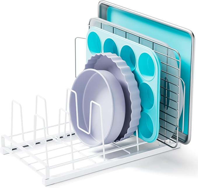 GAGUIUP Food Container Lid Organizer, Adjustable 6 Dividers Full-Metal Pot and Pan Organizer Rack for Kitchen Cabinets, Drawers, Cupboards, Pantry Shelves Storage, White