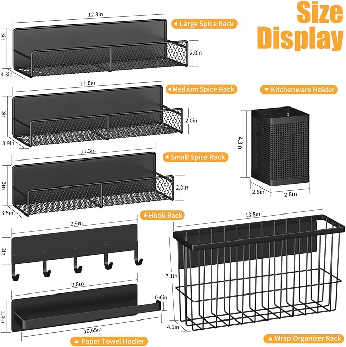 Magnetic Spice Rack for Refrigerator, 7 Pack 100% Metal Strong Magnet Shelf, Spice Organizer W/ Paper Towel Holder, Hook Rack, Utensil Caddy & Cutting Board Holder, Home Kitchen Organization (Black)