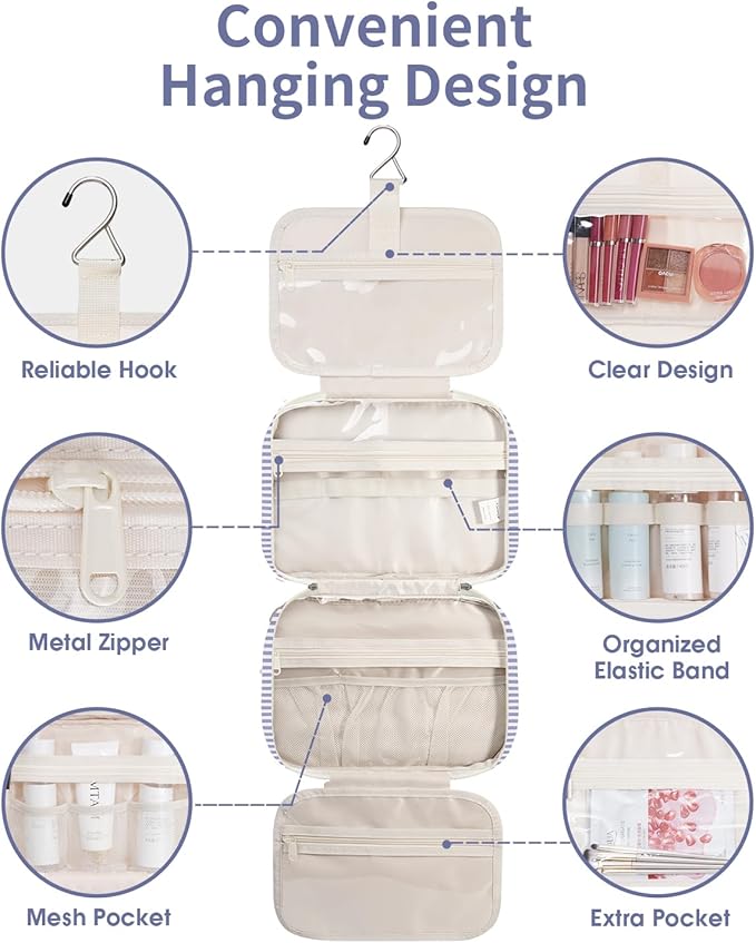 Narwey Striped Hanging Toiletry Bag for Women Travel Makeup Bag Organizer Toiletries Bag for Travel Size Essentials Accessories Cosmetics (Greyish Blue Stripe (Medium))