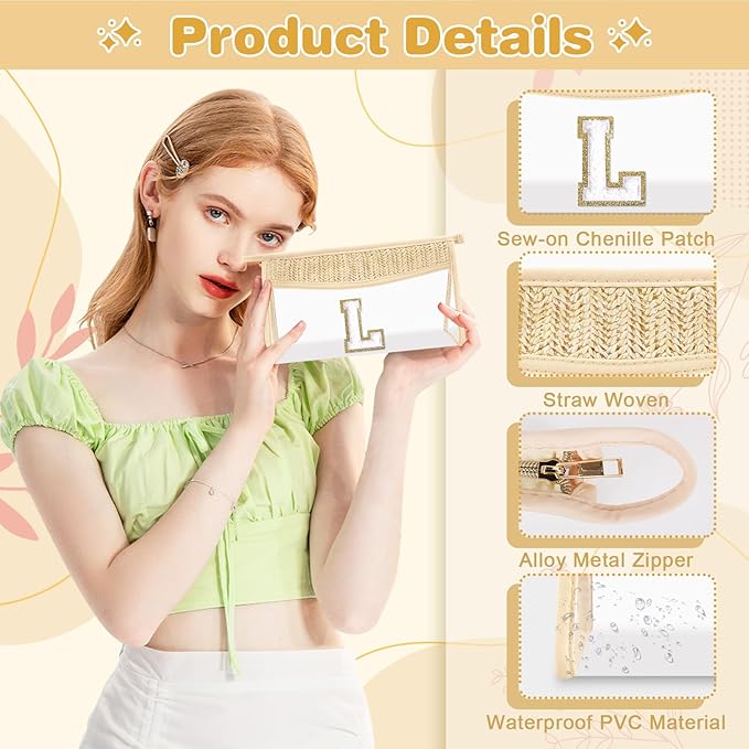 Personalized Initial Letter Bag Boho Straw Clear Makeup Bag, Small Cute Chenille Varsity Letter Bag With Zipper, Beach Travel Toiletry Bag, Portable Monogrammed Cosmetic Bag for Women Girls, L