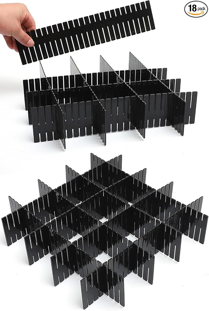 18Pcs Drawer Dividers, Adjustable Drawer Organizer for Socks, Underwear, Makeup, Can Help Tidy Kitchen, Bedroom, Dresser Black