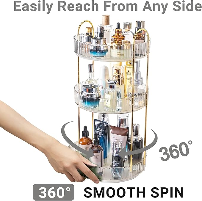 360 Rotating Makeup Organizer, 3-Tier Large Capacity Makeup Organizers and Storage, Skincare Perfume Vanity Organizers, Bathroom Cosmetics Storage Organizer Countertop (Clear-3 Tier)