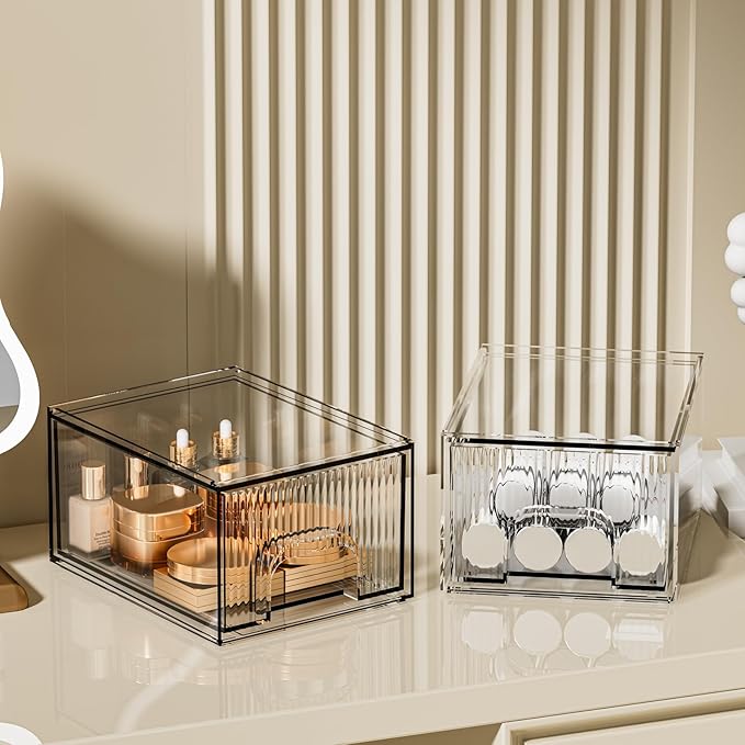 ZHIAI 2 Pack Clear Stackable Cosmetic Organizer, Acrylic Drawer, Plastic Organizer for Dresser, Vanity, Kitchen Cabinet, Pantry, Home Organization and Storage