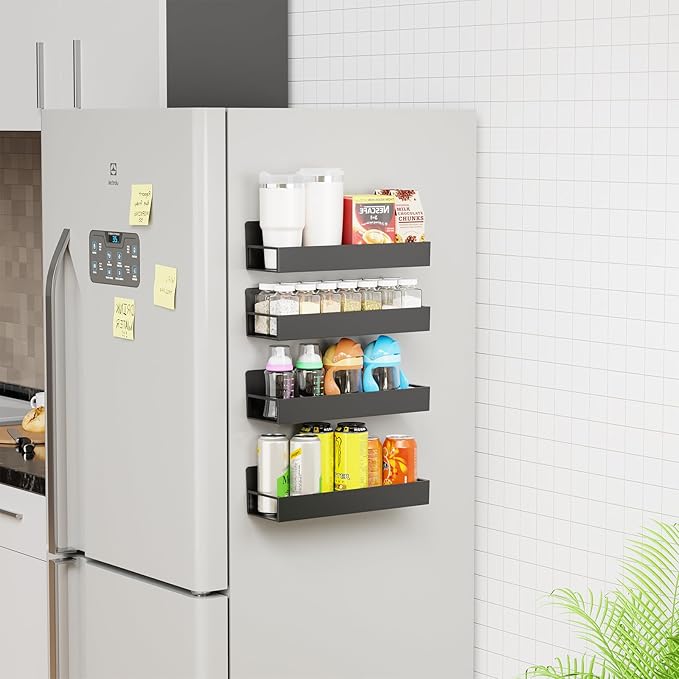 Yieach 4 Pack Black Spice Rack Wall Mount with Adhesive,11.5″L x 3.6″W,Stick on Seasoning Jar Spice Organization for Cabinet Door or Pantry Door,Adhesive Wall Spice Rack for RV,Kitchen,Inside Cabinets