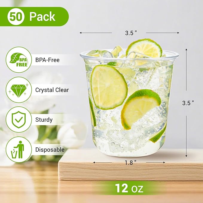Soelomu 12 oz Disposable Stemless Wine Glasses, 50 Pcs Crystal Plastic Cocktail Cups Clear Classic Cold Drinking Party Glasses for Wedding Gathering Birthday Meeting (Clear)