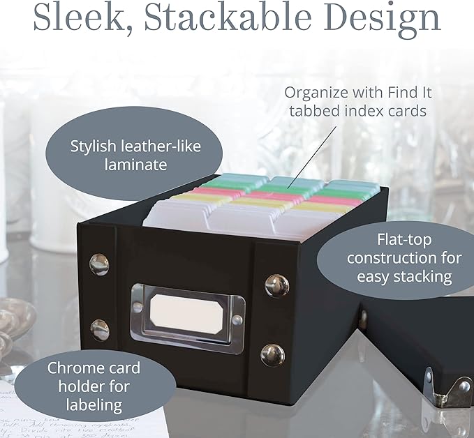 Snap-N-Store Index Card Holder Storage Box - Collapsible Organizer Box fits 1100 Flash Cards - Business, Recipe, or Note Card - 3 x 5, 1 Pack, Black