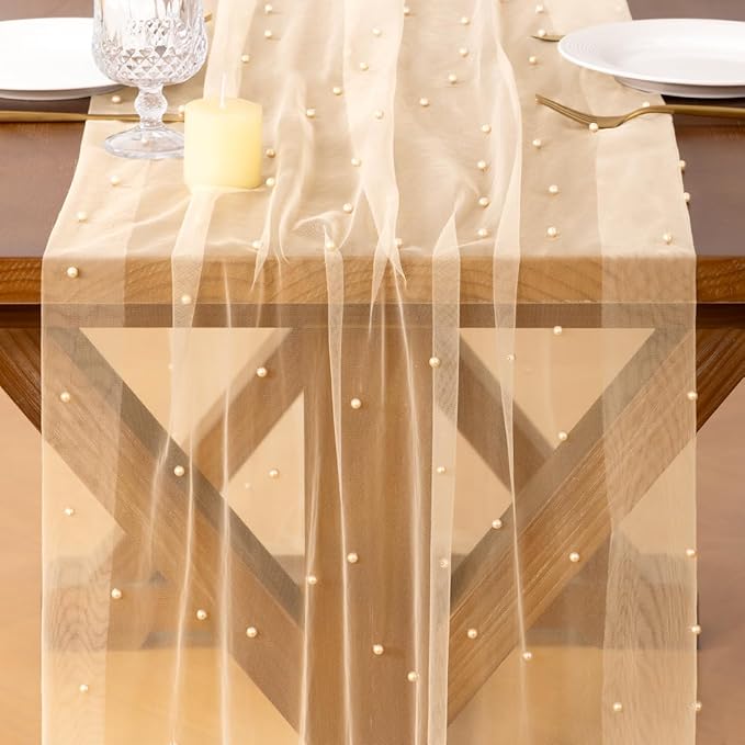 Socomi Pearl Table Runner Tulle Peach Summer Cheesecloth 10FT Gauze Cheese Cloth Sheer Chiffon Dining Wedding Birthday Party Baby Shower Bridal Anniversary Holiday Centerpiece Table Decor