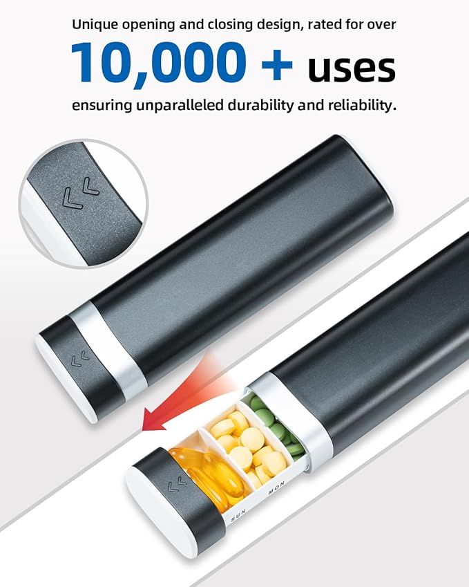 Betife Travel Pill Organizer Weekly 7 Day, Compact Daily Pill Box, Portable Medicine Case, Cute Pill Holder for Vitamins Supplements, Drawer-Shaped Pills Organizer (Black)