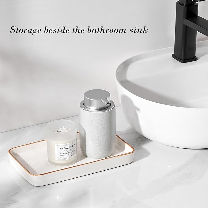 10"×6"×1" Bathroom Vanity Tray for Countertop- Ceramic Decorative Organizer Tray for Dresser Tops, Toilet, Perfume, Sponge Holder Soap Dish Dispenser for Kitchen Counter- Reactive White