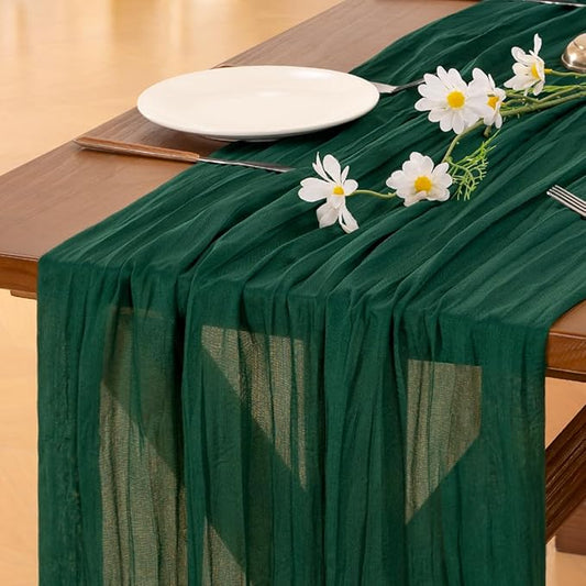Socomi 10pcs Emerald Green Cheesecloth Table Runner Summer Boho Rustic Gauze 120 inch 10FT Cheese Cloth Sheer Runner for Wedding Party Baby Shower Birthday Home Decor Holiday Decorations