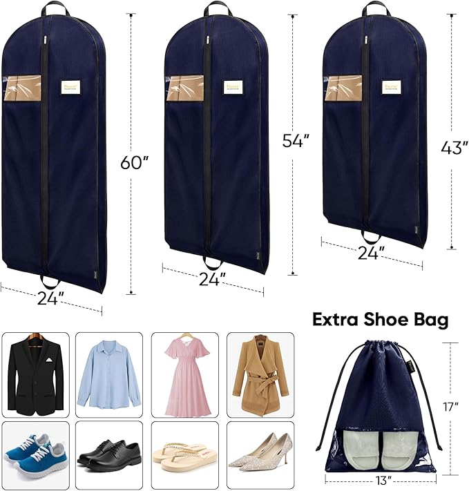 BALEINE 2PK Heavy Duty Garment Bag with Shoe Storage Travel Bag for Dresses, Suit, Coats Travel Essential (60", Blue)