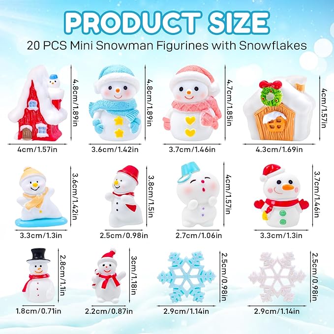 20 Pcs Mini Christmas Snowman Figurines with Winter House Snowflakes Tiny Little Xmas Resin Snowmen Miniature Figures for Holiday Crafts Garden Micro Landscape Home Table Decor