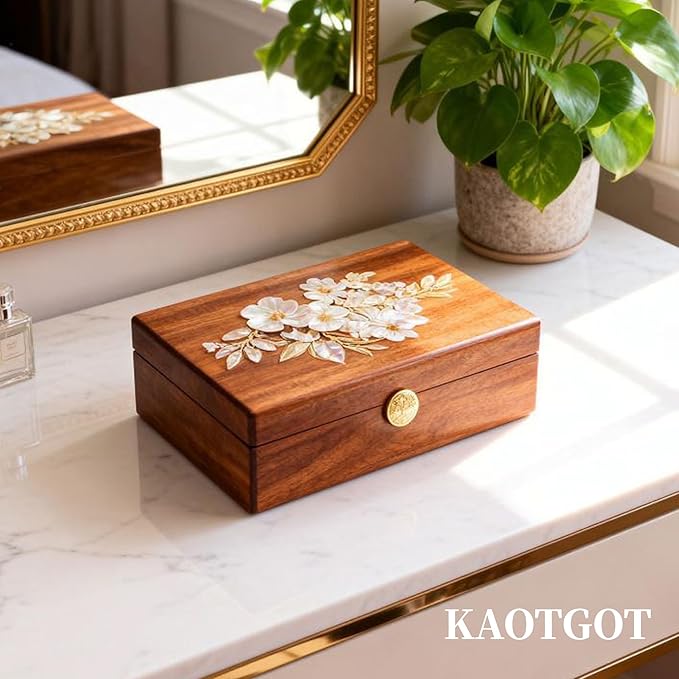 Travel Jewelry Case Small Wood Jewelry Organizer Jewelry Box for Women (Nut-Brown Print C)