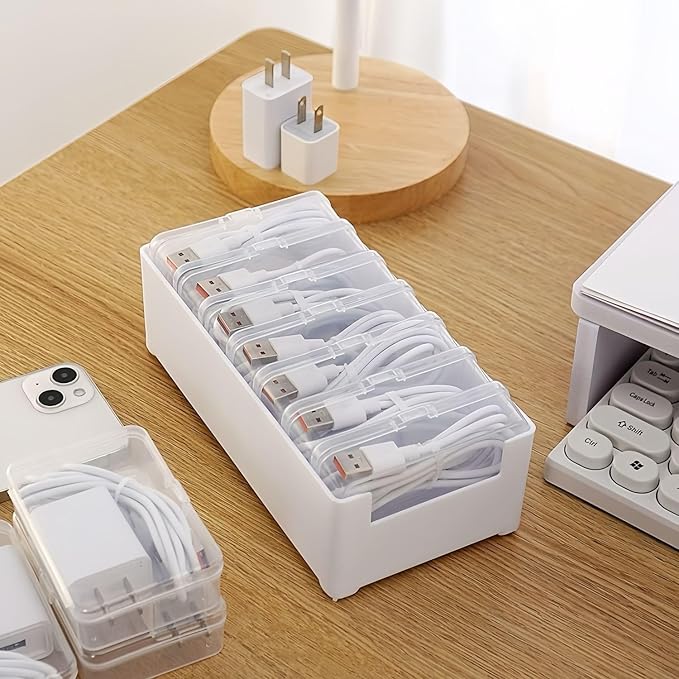 7 Case Cable Storage Box with Cable Straps and Label Stickers, Travel Cord Organizer for Charging Cables, USB Wires, Earphones – Drawer Organization for Home & Office (7 Cases + 7 Cable Straps)