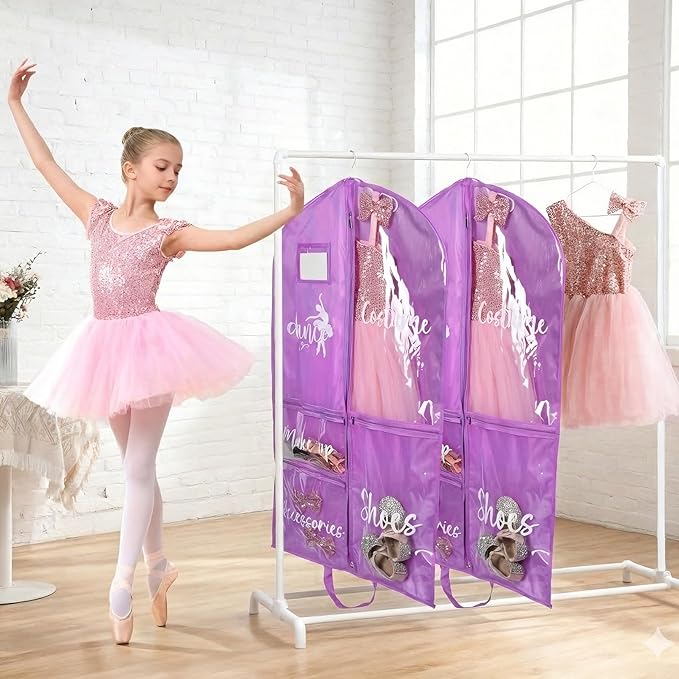 DEEKA Dance Garment Bag for Hanging Clothes with Zipper Pockets Dance Accessories Essentials Uniform Costume 40 Inch Dress Bags for Dance Competition Girls (Purple,White-Dance)