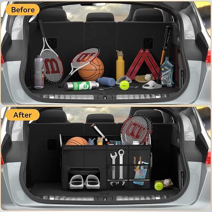 SUV Car Trunk Organizer with Lid 56L, Collapsible Golf Trunk Organizer, Multi-Compartment Car Caddy Organizer, Heavy-Duty Grocery Organizer for Car, Storage Bin Cargo Box for SUV Cargo Van Accessories