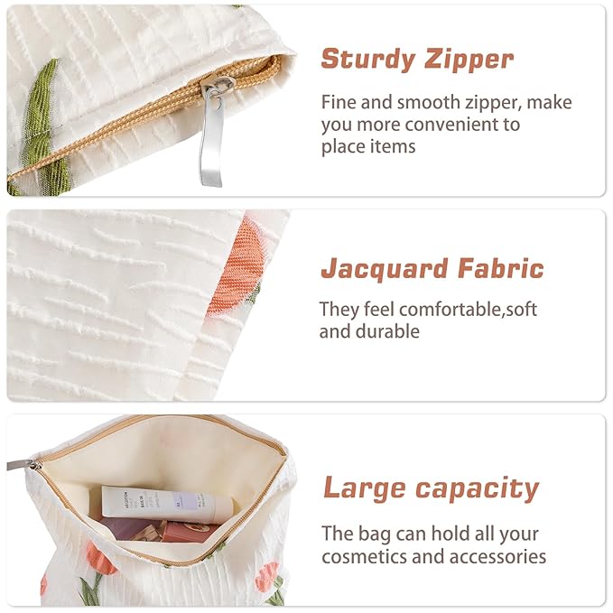 ZLFSRQ Makeup Bag Travel Cosmetic Bag for Purse Floral Zipper Makeup Pouch for Women Small Cute Flower Cosmetic Pouch Toiletry Bag Pencil Case Portable Organizer Canvas Aesthetic Gift (Tulip)