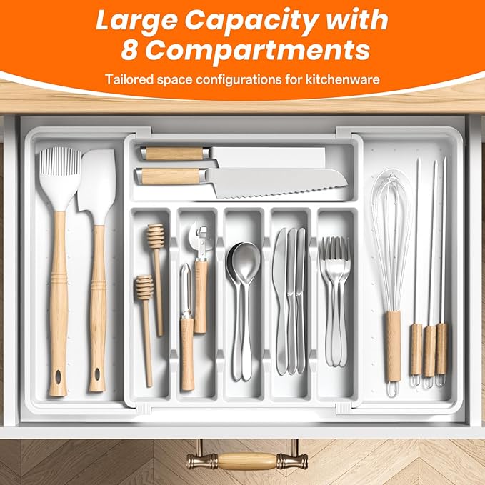 RoomHacks Large Silverware Organizer,Expandable Utensil Drawer Organizer,BPA Free Utensil Holder,Adjustable Silverware Tray Cutlery Drawer Organizer for Kitchen Flatware,Large,White,2 Pack