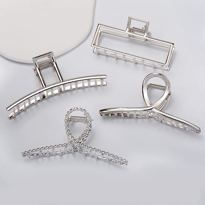 4 Pack Large Metal Hair Clips for Thin to Thick Curly Hair, 4.3 Inch Big Nonslip Silver Color Clamps, Perfect Fashion Jaw Claw Hair Styling Accessories for Women and Girls