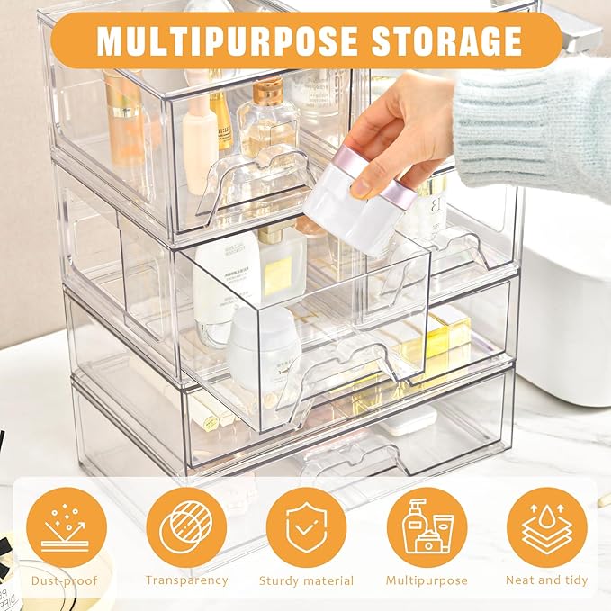 Stebopum 6 Pack Stackable Storage Drawers, Clear Acrylic Organizer, Makeup Bathroom Organizer and Storage Bins for Beauty Supplies, Ideal for Vanity, Bathroom, Pantry Organization
