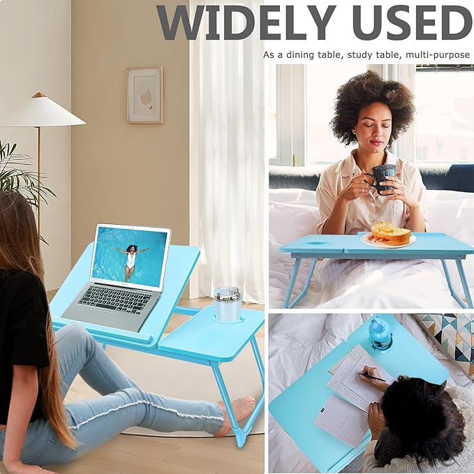Laptop Desk for Bed Couch, Lap Desk for Laptop, Portable Laptop Stand for Desk, Small Adjustable Laptop Desk, Foldable Bed Table for Laptops and Writing, Bed Tray Table with Cup Holder (Blue)