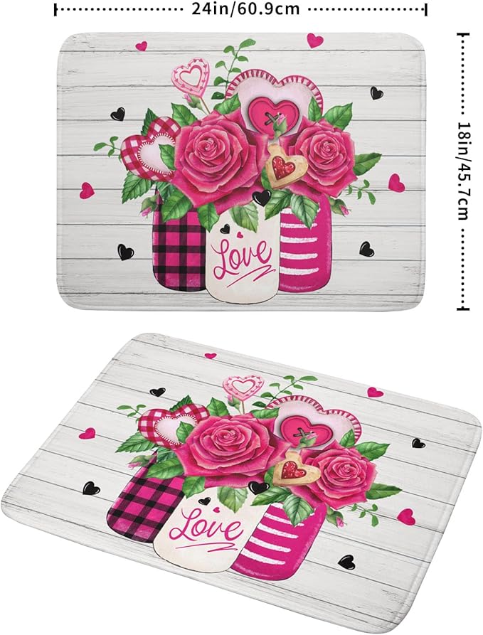Valentine's Day Rose Flower Dish Drying Mat for Kitchen Counter,Mason Jar Pink Love Heart Drying Mat 18 x 24 Inch with High Absorbent Microfiber Drainer Mat for Coffee Bar