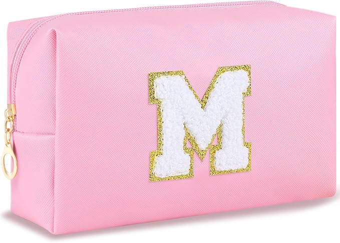 Gifts for Girls Initial Makeup Bag Personalized Cosmetic Bag with Zipper Cute Travel Toiletry Bag Waterproof PU Preppy Makeup Pouch Birthday Gift for Teen Girls Women(Pink M)