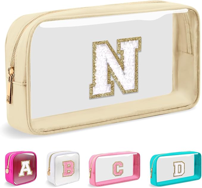 Small Clear Personalized Initial Makeup Bag,Nylon Preppy A-Z Chenille Letter Patch Cosmetic Pouch Beach Toiletry Bag,Waterproof Zipper Travel Purse Storage Bag Organizer for Women Girls(Beige-White N)