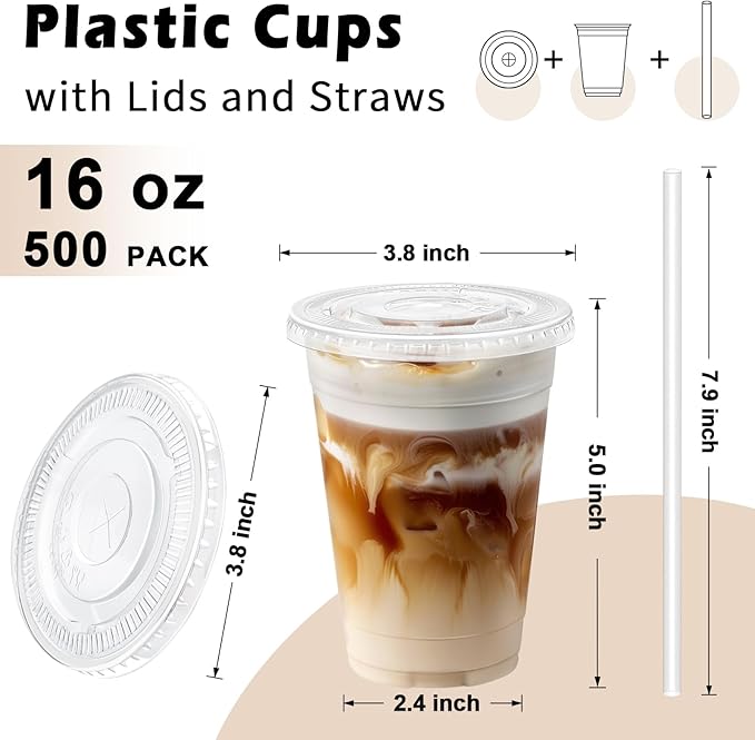 Lamosi 500 Pack 16 oz Clear Plastic Cups with Lids and Straws, Disposable Plastic Coffee Cups with Lids for Iced Coffee, Cold Beverages, Smoothies and To-Go Drinks