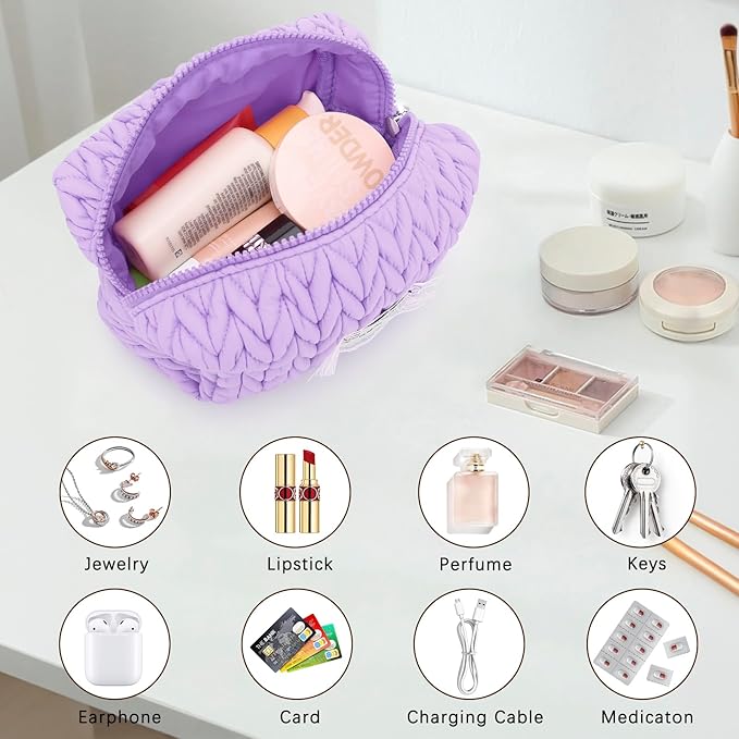DOB SECHS Small Puffer Makeup Bag Quilted Cosmetic Bag with Handle, Cute Makeup Pouch for Purse, Cotton Woven Puffy Toiletry Bag for Women Mini Quilt Travel Essentials Organized Zipper Pouches, Purple