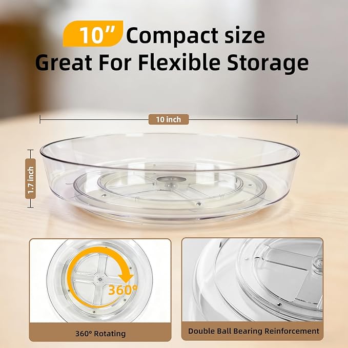 Lazy Susan Turntable for Spice Organization | Clear BPA-Free Plastic Rotating Organizer for Kitchen Cabinet, Pantry, Countertop, Fridge | 360-Degree Rotating Base (10 inch - 8 Pack)