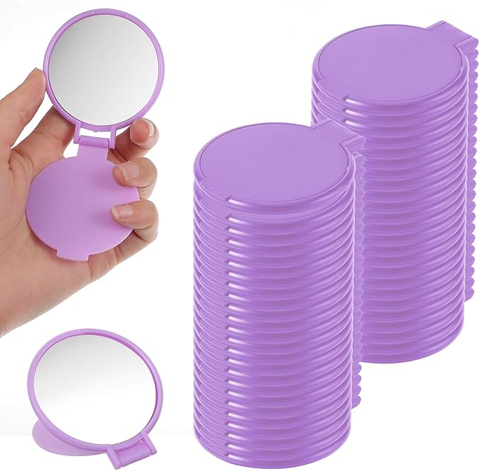 50 Pcs Round Compact Folding Portable Pocket Mirror for Purse Mini Folding Makeup Mirrors Bulk Vintage Travel Makeup Mirror for Women Daily Use (Purple)